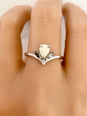 Pear Shape Natural White Opal Marquise Gray Moissanite Sterling Silver Ring